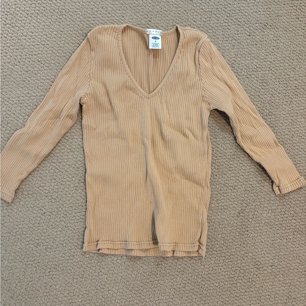 Vintage Old Navy Tan Ribbed Long Sleeve V-Neck Shirt